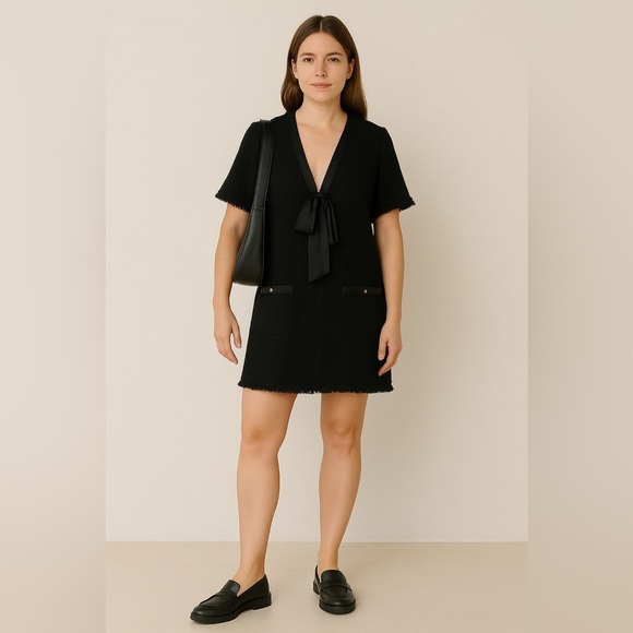 Zara Black Bouclé Mini Dress with Satin Bow | Size M - Picture 1 of 3